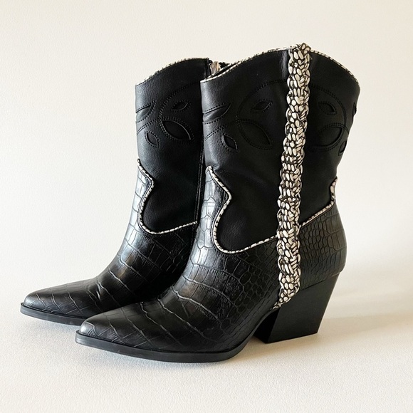 Dolce Vita Boots Lori Croc Embossed Cutout Braided Western Festival Boho Black 8 - Picture 3 of 15